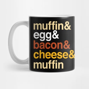 Deconstructed breakfast sandwich: muffin & egg & bacon & cheese (list of ingredients in true-to-life colors) Mug